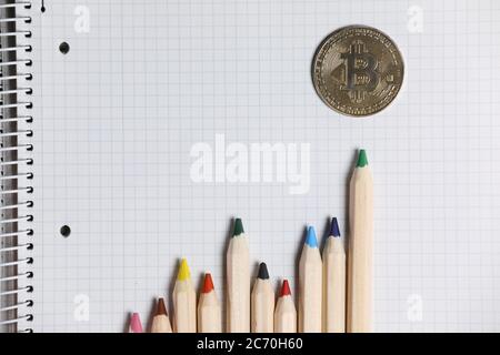 Imaginary bitcoin chart shown with color pencils on a white notebook. Cryptocurrency trading and investment. Stock Photo