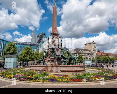 Panorama Augustusplatz with fountain in Leipzig Stock Photo