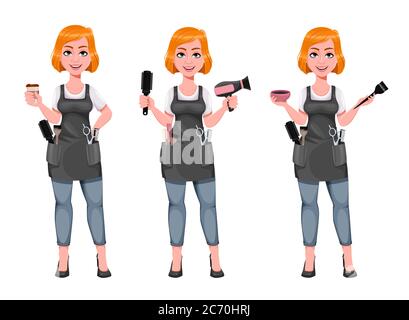 Beautiful redhead girl hairdresser, set of three poses. Cute woman barber holds coffee, holds hair dryer and holds hair dye. Female hairstylist cartoo Stock Vector