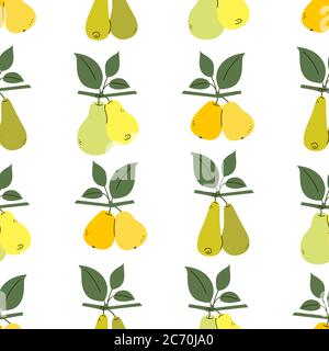 Endless texture with yellow, green, orange pears. Pear tree branches with leaves isolated on white. Positive fruit summer print. Vector seamless Stock Vector