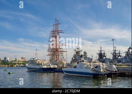 VLADIVOSTOK, RUSSIA - JULY 13, 2020: 'Sedov', four-masted steel barque in port. Stock Photo