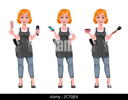 Beautiful redhead girl hairdresser, set of three poses. Cute woman barber. Female hairstylist cartoon character. Vector illustration on white backgrou Stock Vector