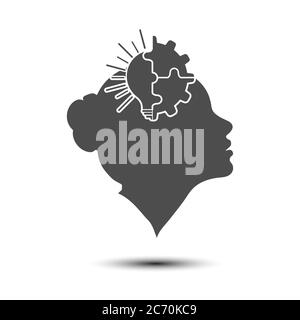 Light bulb and gear combined with the silhouette of a female head. A metaphor for the realization of an idea, a thinking, creative person. Flat design Stock Vector