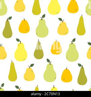 Pear. Endless texture with yellow, green, orange pears and leaves isolated on white. Positive fruit summer print. Modern vector seamless pattern in Stock Vector