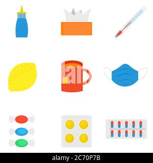 Influenza, seasonal colds. Set of cold treatment icons. Medicines, pills, thermometer Stock Vector