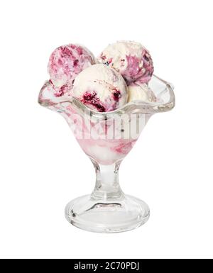 Blueberry ice cream in glass vase isolated on white background. Stock Photo