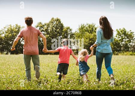 Carefree young family running hand in hand away from the camera through a rural meadow in spring or summer in a healthy outdoor lifestyle concept Stock Photo