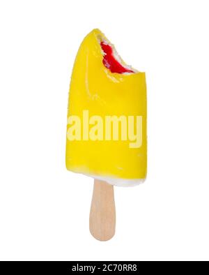 Bitten off popsicles in yellow glaze isolated on white background. Stock Photo