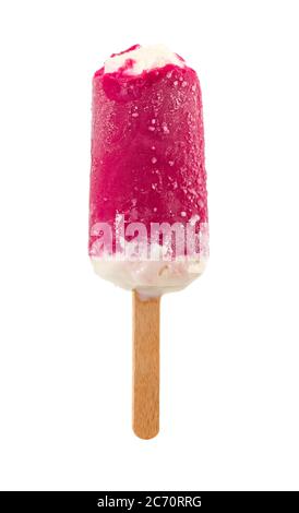 Bitten ice cream on stick in cherry glaze isolated on white background. Stock Photo