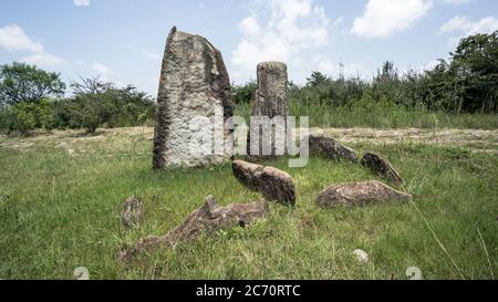 Tiya, Ethiopia - September 2017: Megalithic Tiya stone pillars, a UNESCO World Heritage Site near Addis Ababa Stock Photo