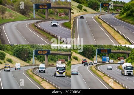 East Lothian, Scotland, United Kingdom, 13th July 2020. A composite of the Scottish Government's Covid-19 travel advice on an overhead gantry during the Coronavirus pandemic on the A1 using slogans. The latest and 4th message (13/7/2020) as Scotland prepares to enter Phase 3 is: 'Plan Ahead, Stay Safe, Save Lives'. Previous versions were 17/4/2020: 'Stay Home, Protect NHS, Save Lives'; 21/6/2020: 'Stay Safe, Protect Others, Save Lives' and 7/7/2020: 'Local Travel Restrictions, Stay Safe' when part of the SW of Scotland was locked down again due to an upsurge in cases Stock Photo