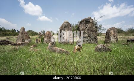 Tiya, Ethiopia - September 2017: Megalithic Tiya stone pillars, a UNESCO World Heritage Site near Addis Ababa Stock Photo