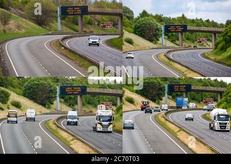 East Lothian, Scotland, United Kingdom, 13th July 2020. A composite of the Scottish Government's Covid-19 travel advice on an overhead gantry during the Coronavirus pandemic on the A1 using slogans. The latest and 4th message (13/7/2020) as Scotland prepares to enter Phase 3 is: 'Plan Ahead, Stay Safe, Save Lives'. Previous versions were 17/4/2020: 'Stay Home, Protect NHS, Save Lives'; 21/6/2020: 'Stay Safe, Protect Others, Save Lives' and 7/7/2020: 'Local Travel Restrictions, Stay Safe' when part of the SW of Scotland was locked down again due to an upsurge in cases Stock Photo