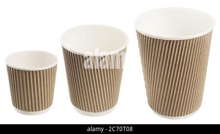 Set of opened disposable paper coffee cups isolated on white background Stock Photo