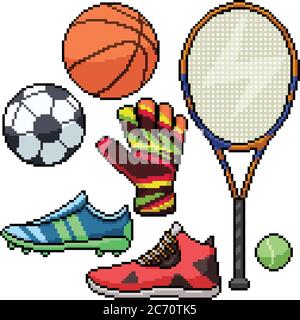 pixel art set isolated football basketball tennis Stock Vector