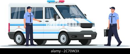 Police truck with guards semi flat RGB color vector illustration. Armored vehicle for enforcement. Van for emergency patrol. Police man isolated carto Stock Vector