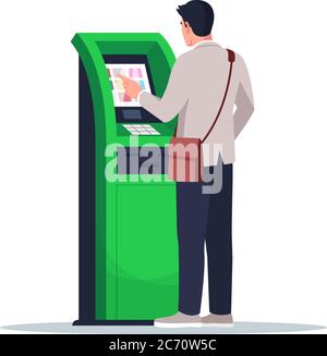 Man pay with ATM semi flat RGB color vector illustration. Male client use financial kiosk. Self service terminal for money withdraw. Bank customer iso Stock Vector