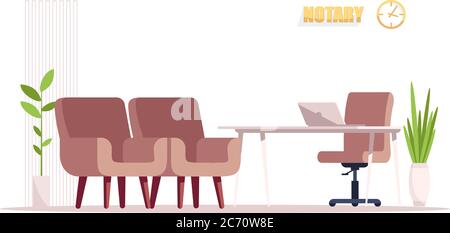 Empty notary office semi flat RGB color vector illustration. Desk and 3 chair for customer visit. Meeting room for consultation. Law office furniture Stock Vector