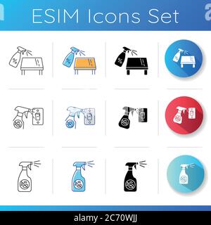 Disinfection icons set. Linear, black and RGB color styles. Surface cleaning, sanitation and hygiene. Detergent bottle, light switches and tabletop st Stock Vector