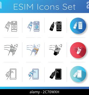 Decontamination icons set. Linear, black and RGB color styles. Antibacterial wipes, smartphone screen and remote cleaning. Sterilization with antibact Stock Vector