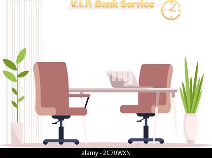 VIP banking service area semi flat RGB color vector illustration. Table with armchair for financial advisor. Desk and chair for waiting area isolated Stock Vector