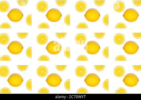 Pattern with lemon fruits. Tropical abstract geometric balance background, isolated. Lemon on white background. Stock Photo