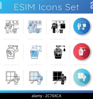 Home sterilization icons set. Linear, black and RGB color styles. Room fumigation, transport disinfection and alcohol based sanitiser. Housekeeping, h Stock Vector