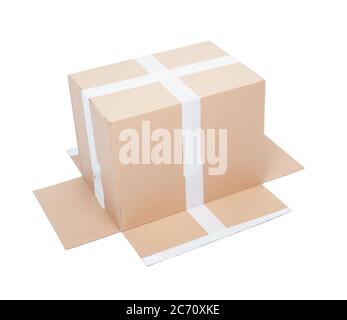 Open used cardboard box isolated on white background Stock Photo