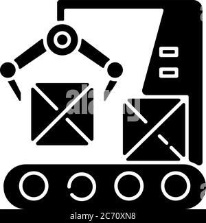 Production line black glyph icon. Automated manufacturing process, modern industrial technology silhouette symbol on white space. Boxes on conveyor be Stock Vector