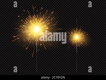 Bright shiny sparkling Bengal light fireworks isolated on black background. Vector illustration Stock Vector