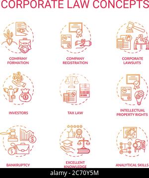 Corporate law concept icons set. Good lawyer knowledge. Company formation, registration and bankruptcy idea thin line RGB color illustrations. Vector Stock Vector