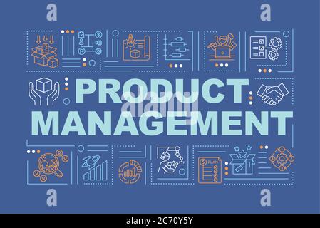 Product development word concepts banner. Management and marketing strategy. Infographics with linear icons on blue background. Isolated typography. V Stock Vector