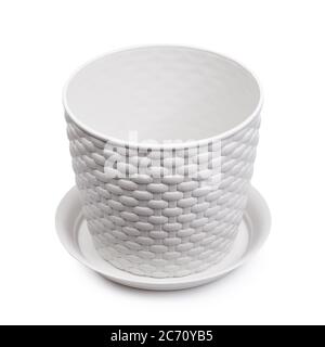 White wicker plastic vase, empty pot with stand isolated Stock Photo