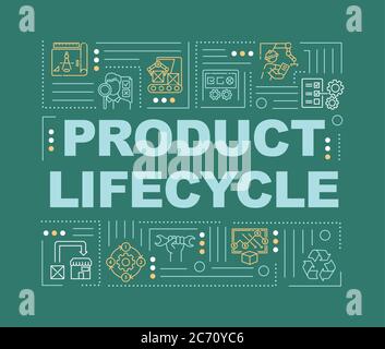 Product life cycle word concepts banner. Development and implementation. Infographics with linear icons on green background. Isolated typography. Vect Stock Vector