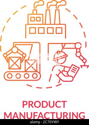 Product manufacturing red gradient concept icon. Factory development process. Conveyor operator. Product management idea thin line illustration. Vecto Stock Vector