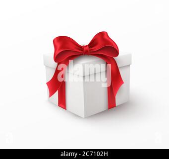 White gift box with red silk bow isolated on a white background. Vector illustration Stock Vector