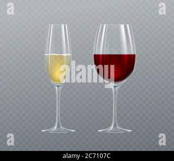 Realistic glasses of Champagne and Wine isolated on a transparent background. Vector illustration Stock Vector