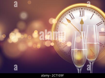 2021 New Year background with a clock and glasses of champagne and glowing bokeh light. Vector illustration Stock Vector