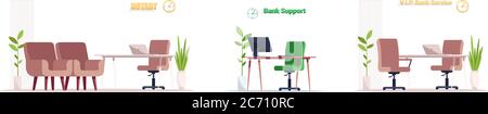 Bank lobby furniture semi flat RGB color vector illustration set. Waiting area indoors. Desk and chair for financial consultation isolated cartoon obj Stock Vector
