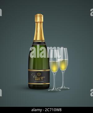 Realistic bottle and glasses of champagne isolated on a transparent background. Vector illustration Stock Vector