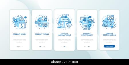 Product cycle onboarding mobile app page screen with concepts. Tech testing. Product maintenance walkthrough 5 steps graphic instructions. UI vector t Stock Vector