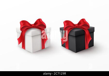 White and Black gift box with red silk bow isolated on a white background. Vector illustration Stock Vector