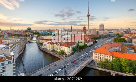 Berlin, Germany viewed from above the Spree River at dusk. Stock Photo