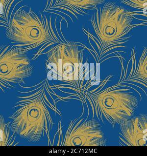 Abstract seamless pattern with peacock feathers on blue background. Stock vector Stock Vector