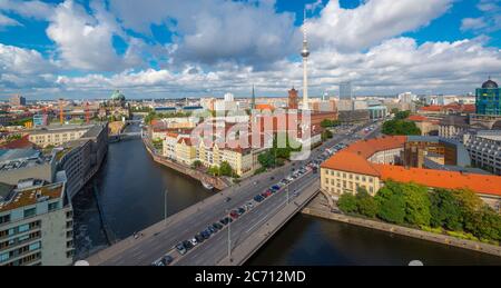 Berlin, Germany viewed from above the Spree River in the daytime.