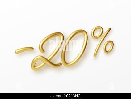 Realistic golden text 20 percent discount number. Vector illustration Stock Vector
