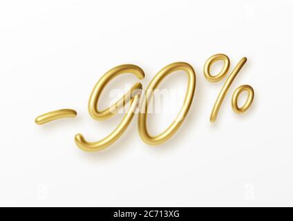 Realistic golden text 90 percent discount number. Vector illustration Stock Vector