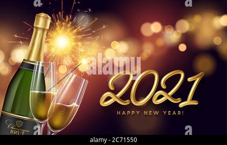 2021 Golden lettering New Year background with a bottle and glasses of champagne and glowing bokeh light. Vector illustration Stock Vector