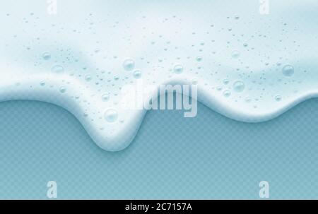 Soap foam with bubbles isolated on a blue transparent background. Shampoo bubbles texture. Vector illustration Stock Vector
