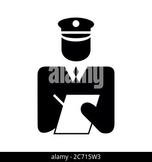 Policeman in uniform writing a ticket, black and white icon Stock Vector